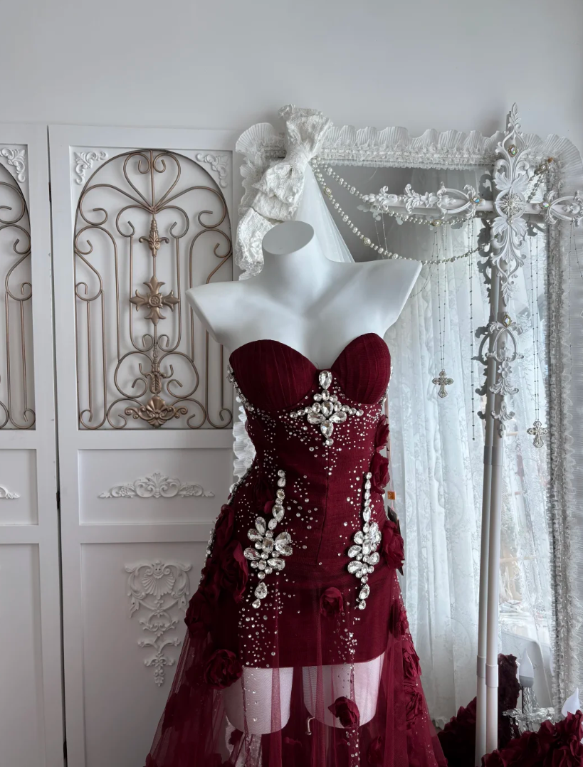 Charming Strapless Red Flowers Prom Dress Rhinestones Sequins Mermaid Evening Dress GG7640