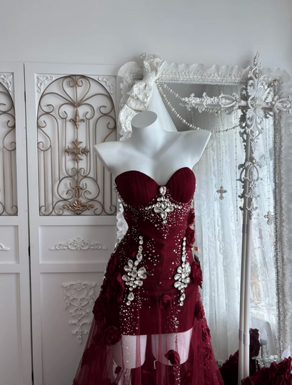 Charming Strapless Red Flowers Prom Dress Rhinestones Sequins Mermaid Evening Dress GG7640