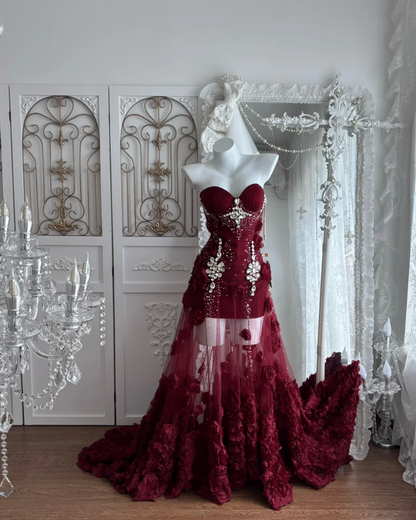 Charming Strapless Red Flowers Prom Dress Rhinestones Sequins Mermaid Evening Dress GG7640