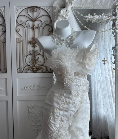 Elegant Strapless Ruffles Wedding Dress Sequins Appliques Mermaid Bridal Dress GG7642