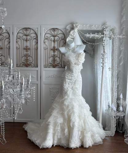 Elegant Strapless Ruffles Wedding Dress Sequins Appliques Mermaid Bridal Dress GG7642