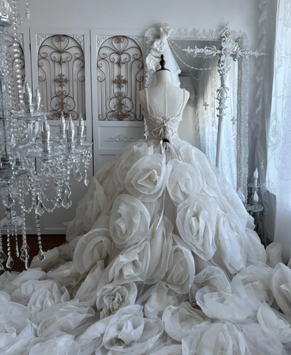 Gorgeous Spaghetti Straps Wedding Dress Flowers Beading A-Line Bridal Dress GG7643