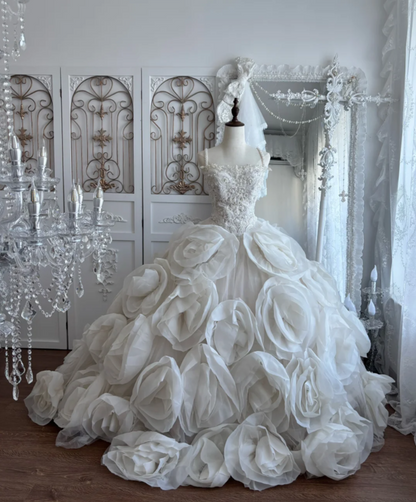 Gorgeous Spaghetti Straps Wedding Dress Flowers Beading A-Line Bridal Dress GG7643