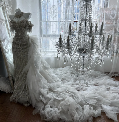 Classical Off The Shoulder Wedding Dress With Train Beading Sequins Mermaid Bridal Dress GG7644