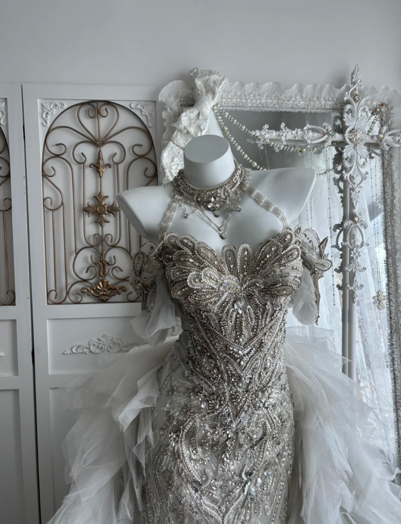 Classical Off The Shoulder Wedding Dress With Train Beading Sequins Mermaid Bridal Dress GG7644