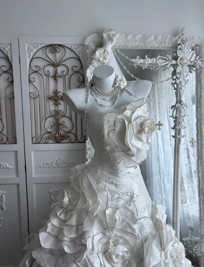 Chic Strapless Beads Wedding Dress Handmade Flowers A-Line Bridal Dress GG7645
