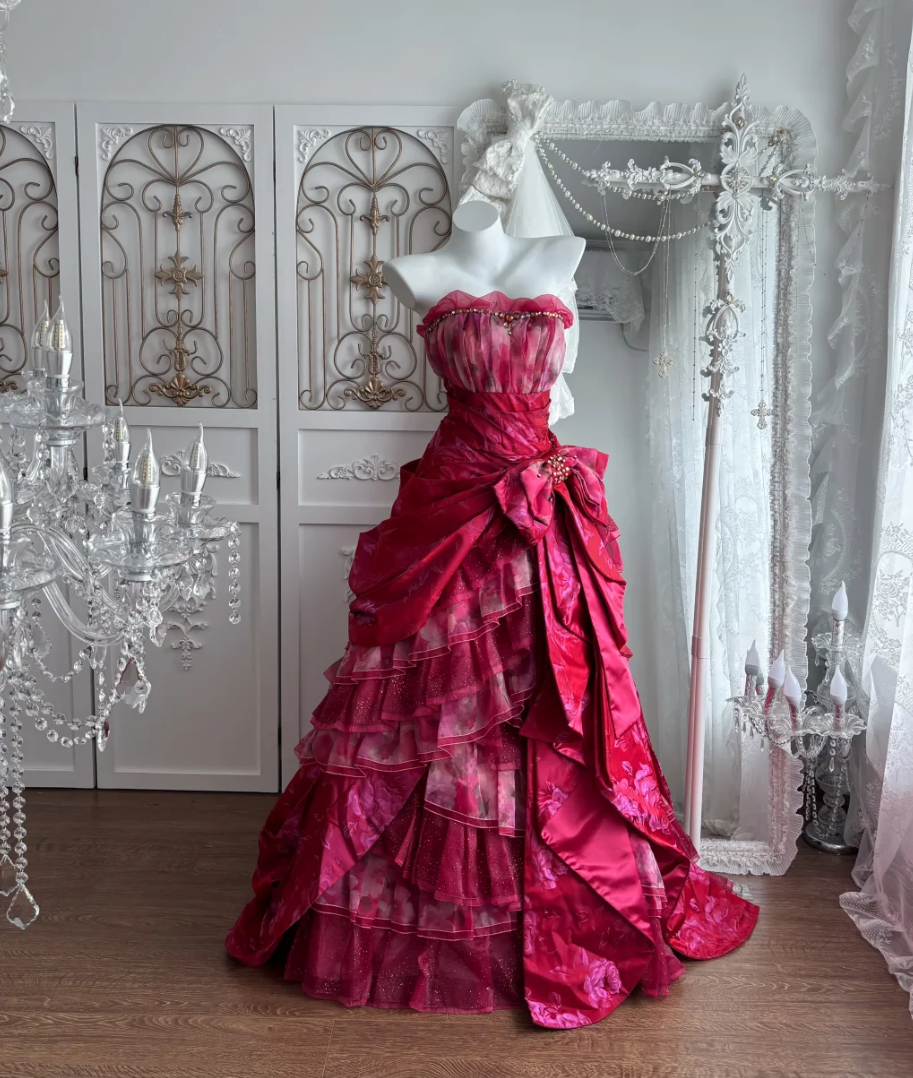 Unique Strapless Red Prom Dress Crystals Bow Tiered A-Line Evening Dress GG7646