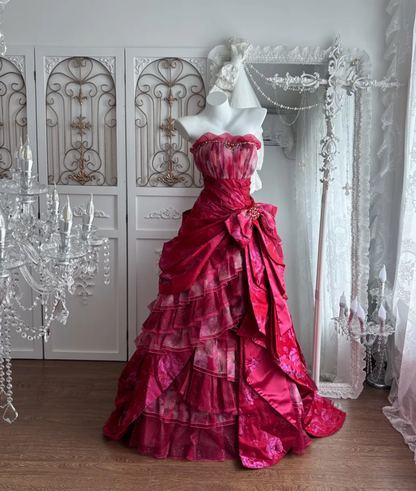 Unique Strapless Red Prom Dress Crystals Bow Tiered A-Line Evening Dress GG7646