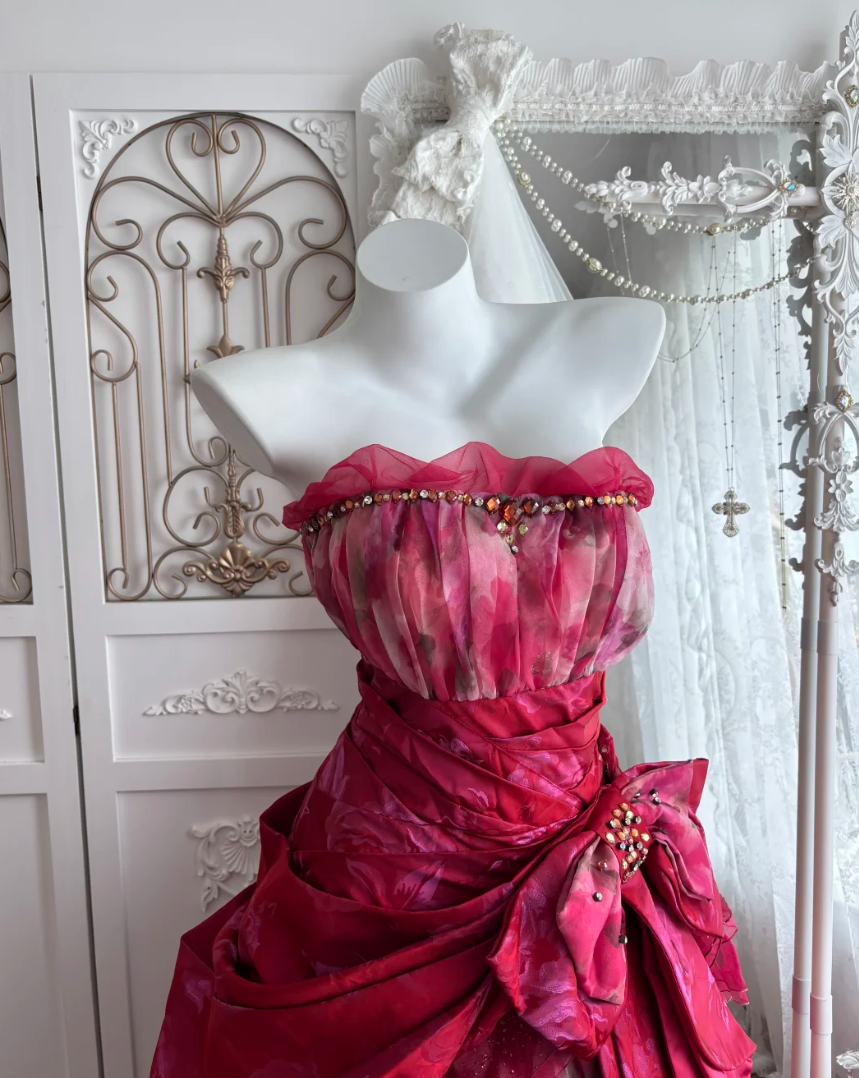 Unique Strapless Red Prom Dress Crystals Bow Tiered A-Line Evening Dress GG7646