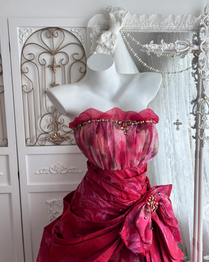 Unique Strapless Red Prom Dress Crystals Bow Tiered A-Line Evening Dress GG7646