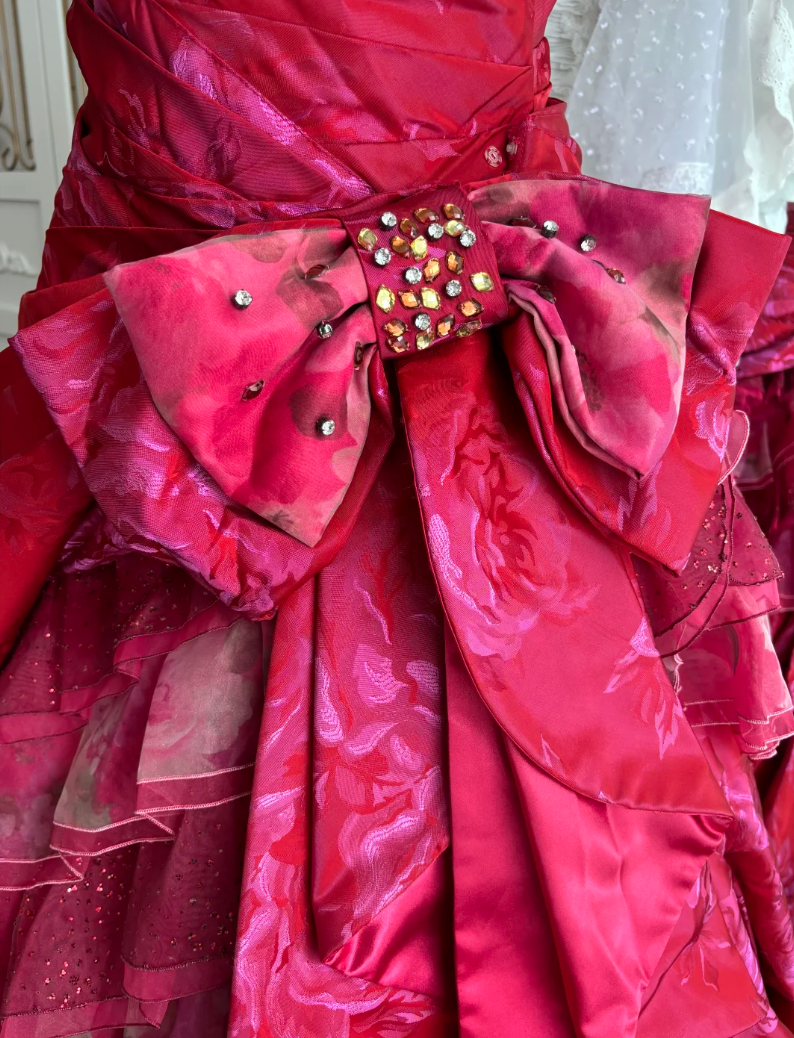 Unique Strapless Red Prom Dress Crystals Bow Tiered A-Line Evening Dress GG7646