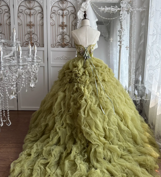 Enchanting Strapless Ruffled Prom Dress Green Beading Tulle A-Line Evening Dress GG7648