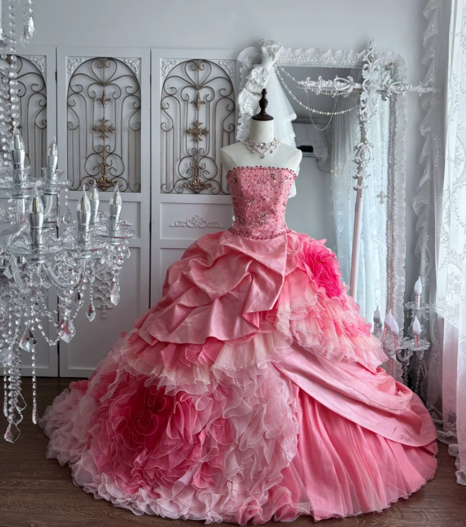 Sweet Strapless Ruffled Prom Dress Pink Flowers Sequins Tulle A-Line Evening Dress GG7649