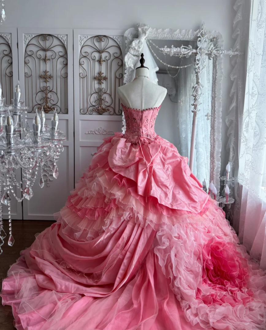 Sweet Strapless Ruffled Prom Dress Pink Flowers Sequins Tulle A-Line Evening Dress GG7649