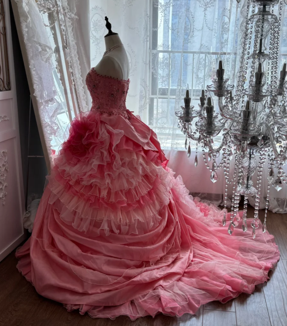 Sweet Strapless Ruffled Prom Dress Pink Flowers Sequins Tulle A-Line Evening Dress GG7649