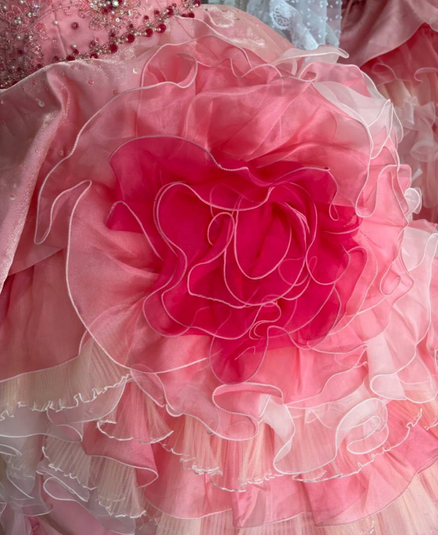 Sweet Strapless Ruffled Prom Dress Pink Flowers Sequins Tulle A-Line Evening Dress GG7649