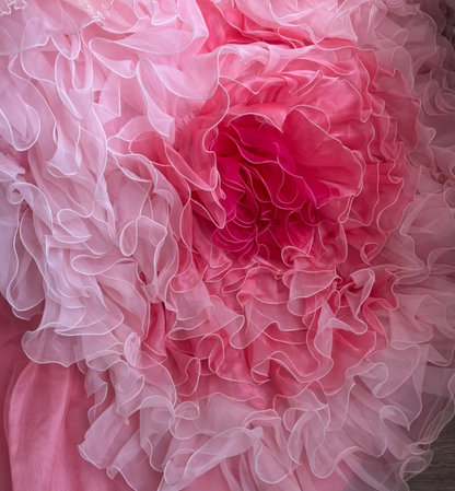 Sweet Strapless Ruffled Prom Dress Pink Flowers Sequins Tulle A-Line Evening Dress GG7649