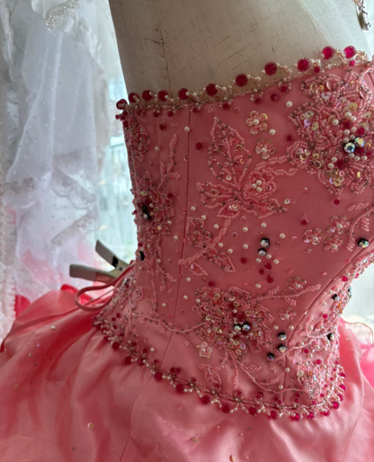 Sweet Strapless Ruffled Prom Dress Pink Flowers Sequins Tulle A-Line Evening Dress GG7649
