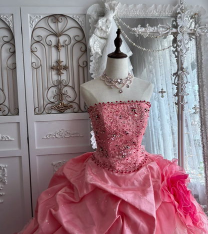 Sweet Strapless Ruffled Prom Dress Pink Flowers Sequins Tulle A-Line Evening Dress GG7649