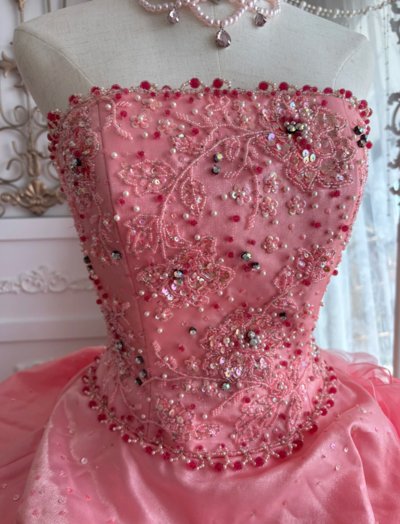 Sweet Strapless Ruffled Prom Dress Pink Flowers Sequins Tulle A-Line Evening Dress GG7649