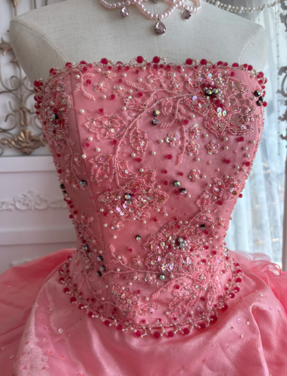 Sweet Strapless Ruffled Prom Dress Pink Flowers Sequins Tulle A-Line Evening Dress GG7649