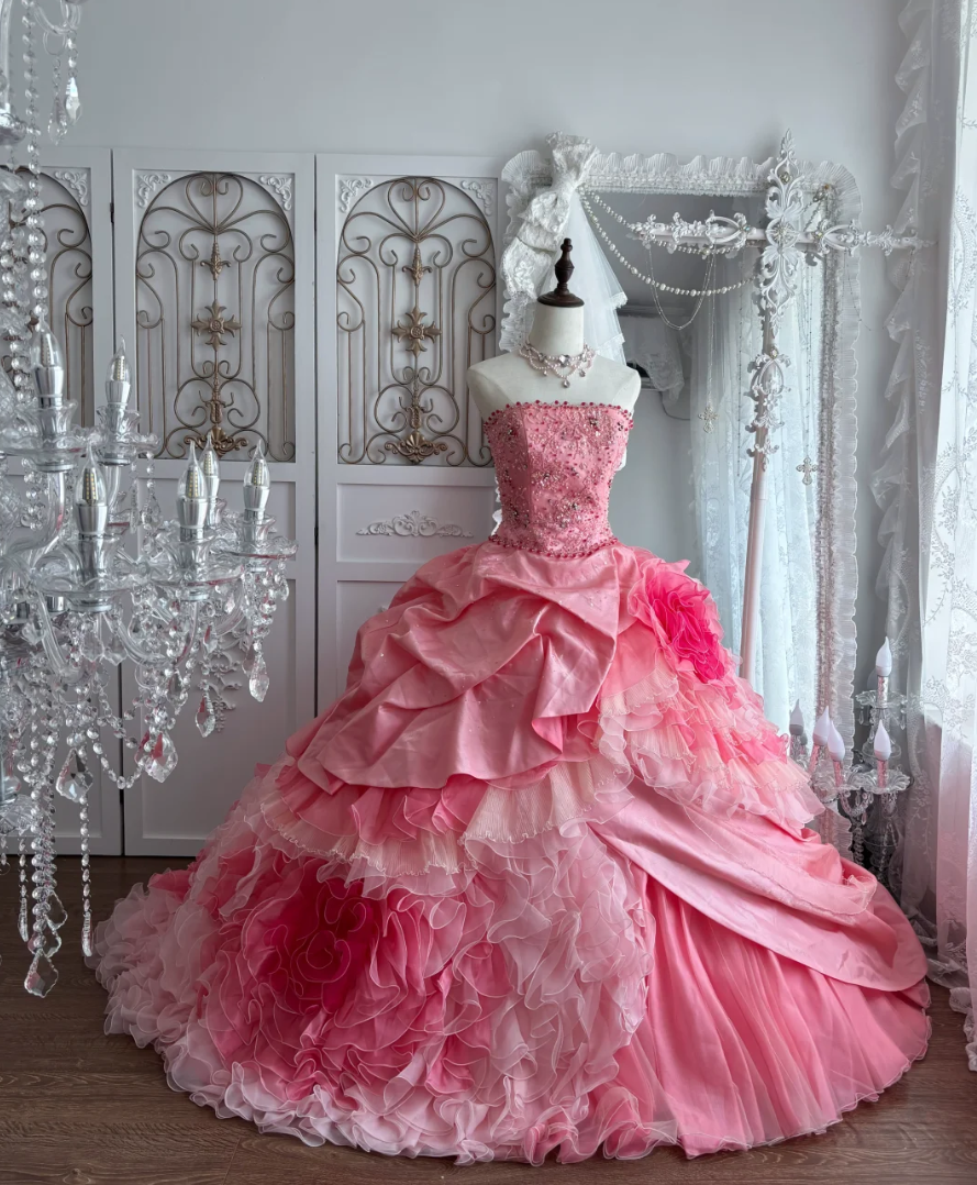 Sweet Strapless Ruffled Prom Dress Pink Flowers Sequins Tulle A-Line Evening Dress GG7649
