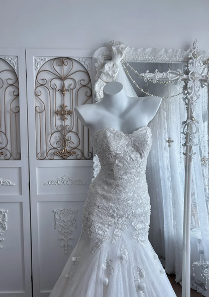 Beautiful Strapless Appliques Wedding Dress Sequins Tulle Mermaid Bridal Dress GG7650