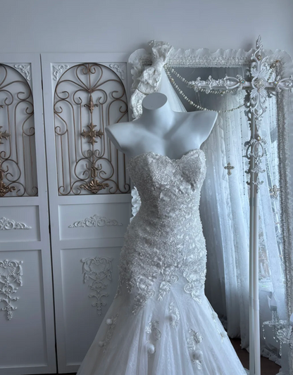 Beautiful Strapless Appliques Wedding Dress Sequins Tulle Mermaid Bridal Dress GG7650