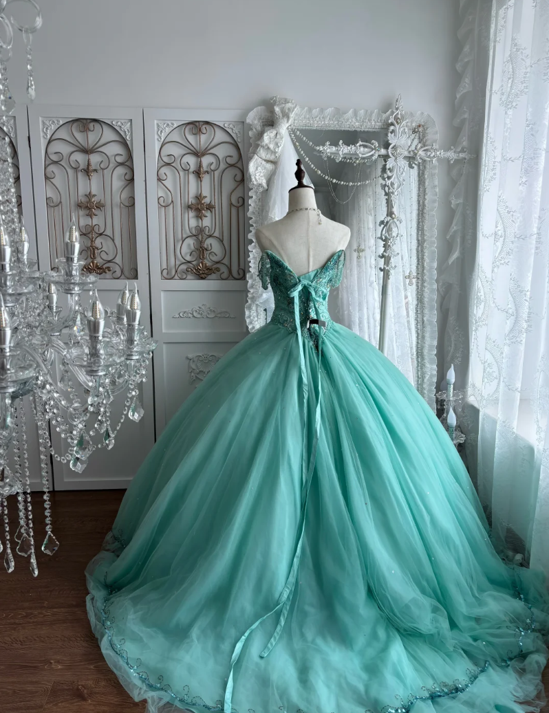 Unique Off The Shoulder Green Prom Dress Beading Tulle A-Line Evening Dress GG7651