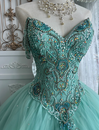 Unique Off The Shoulder Green Prom Dress Beading Tulle A-Line Evening Dress GG7651