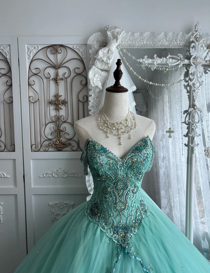 Unique Off The Shoulder Green Prom Dress Beading Tulle A-Line Evening Dress GG7651