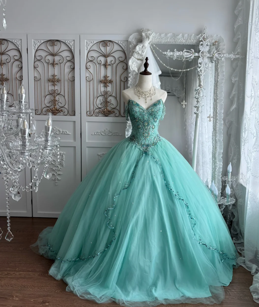 Unique Off The Shoulder Green Prom Dress Beading Tulle A-Line Evening Dress GG7651