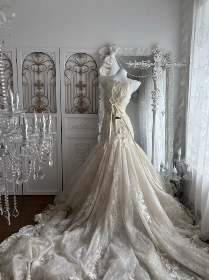 Elegant Jewel Neck Wedding Dress Appliques Tulle Mermaid Bridal Dress GG7652