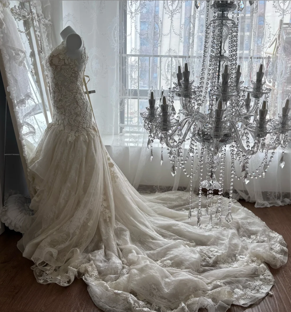 Elegant Jewel Neck Wedding Dress Appliques Tulle Mermaid Bridal Dress GG7652