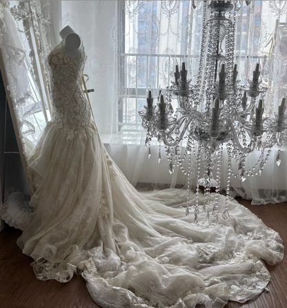 Elegant Jewel Neck Wedding Dress Appliques Tulle Mermaid Bridal Dress GG7652