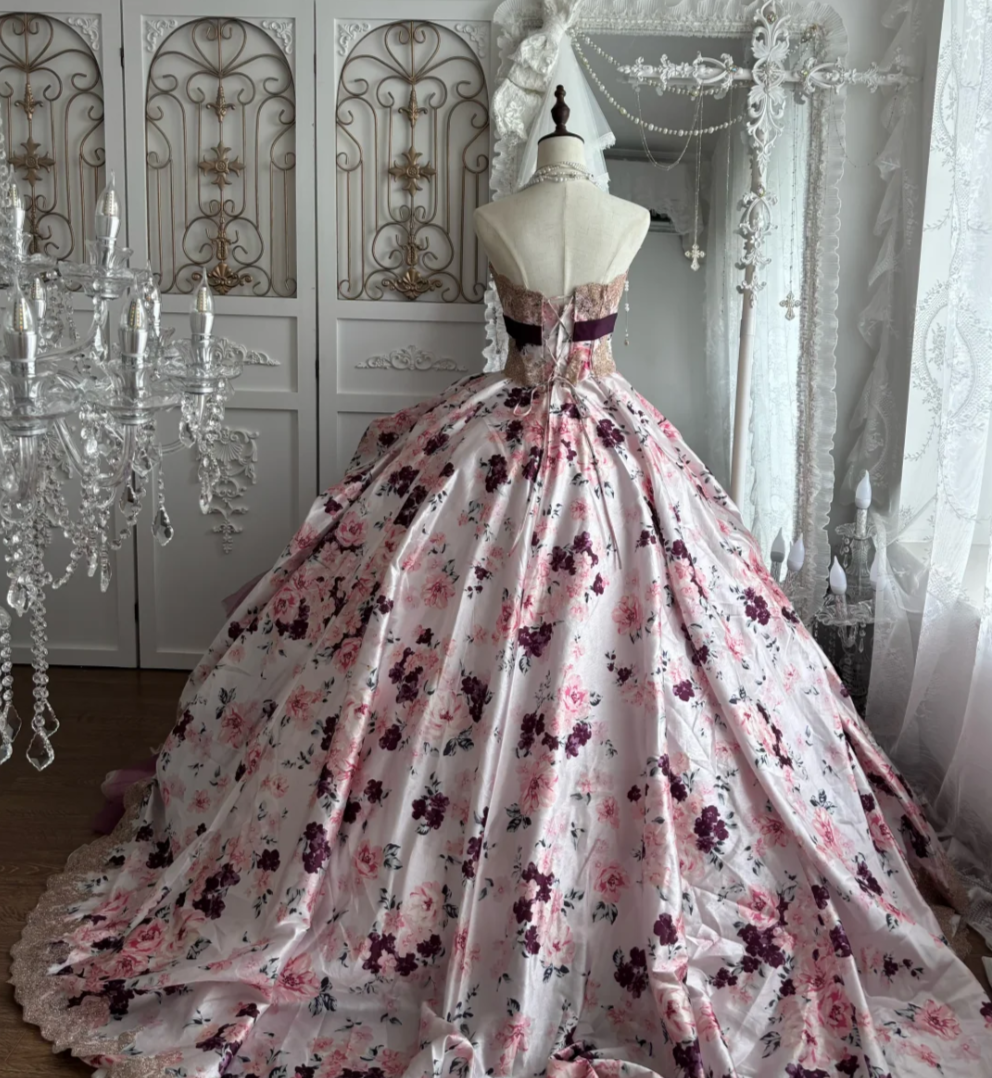 Fascinating Strapless Purple Prom Dress Floral Tiered A-Line Evening Dress GG7653