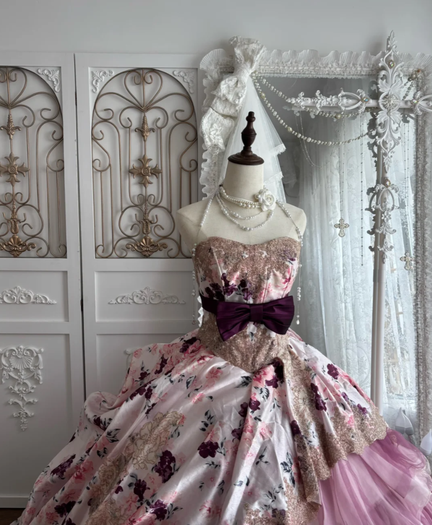 Fascinating Strapless Purple Prom Dress Floral Tiered A-Line Evening Dress GG7653