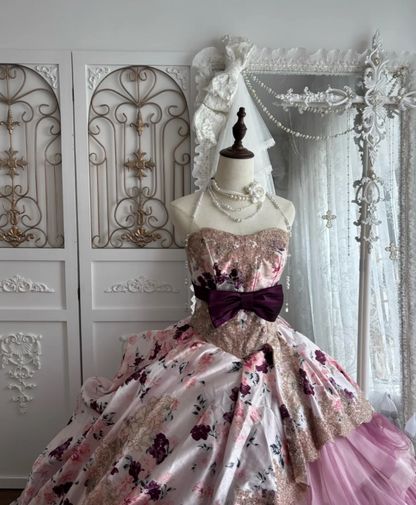 Fascinating Strapless Purple Prom Dress Floral Tiered A-Line Evening Dress GG7653