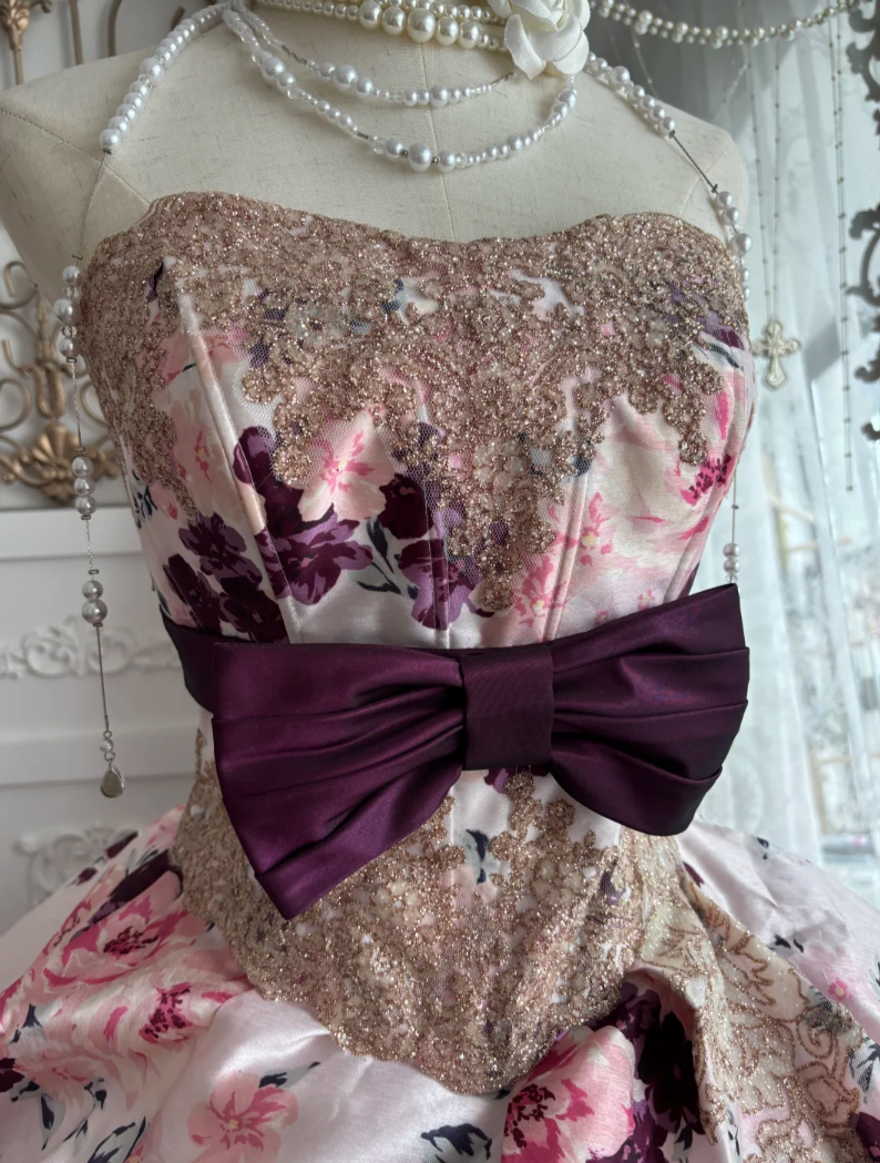 Fascinating Strapless Purple Prom Dress Floral Tiered A-Line Evening Dress GG7653