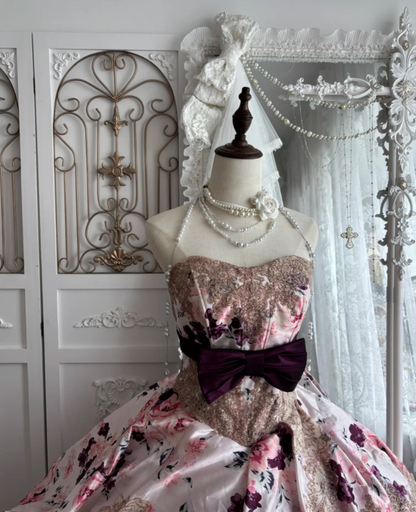 Fascinating Strapless Purple Prom Dress Floral Tiered A-Line Evening Dress GG7653