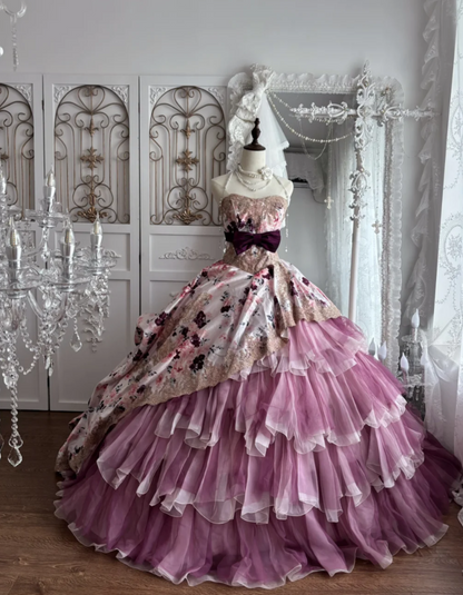 Fascinating Strapless Purple Prom Dress Floral Tiered A-Line Evening Dress GG7653