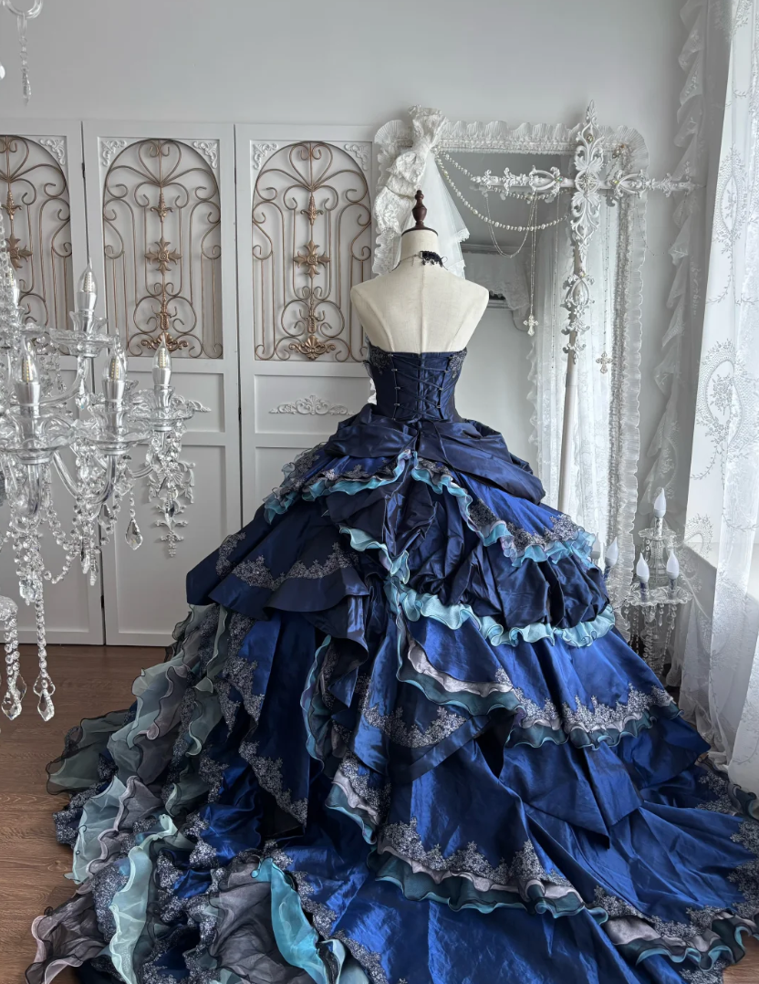 Gorgeous Strapless Blue Prom Dress Appliques Ruffles Tiered A-Line Evening Dress GG7654