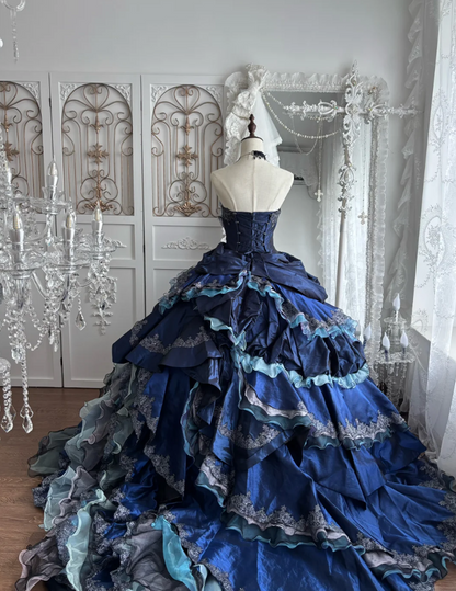 Gorgeous Strapless Blue Prom Dress Appliques Ruffles Tiered A-Line Evening Dress GG7654