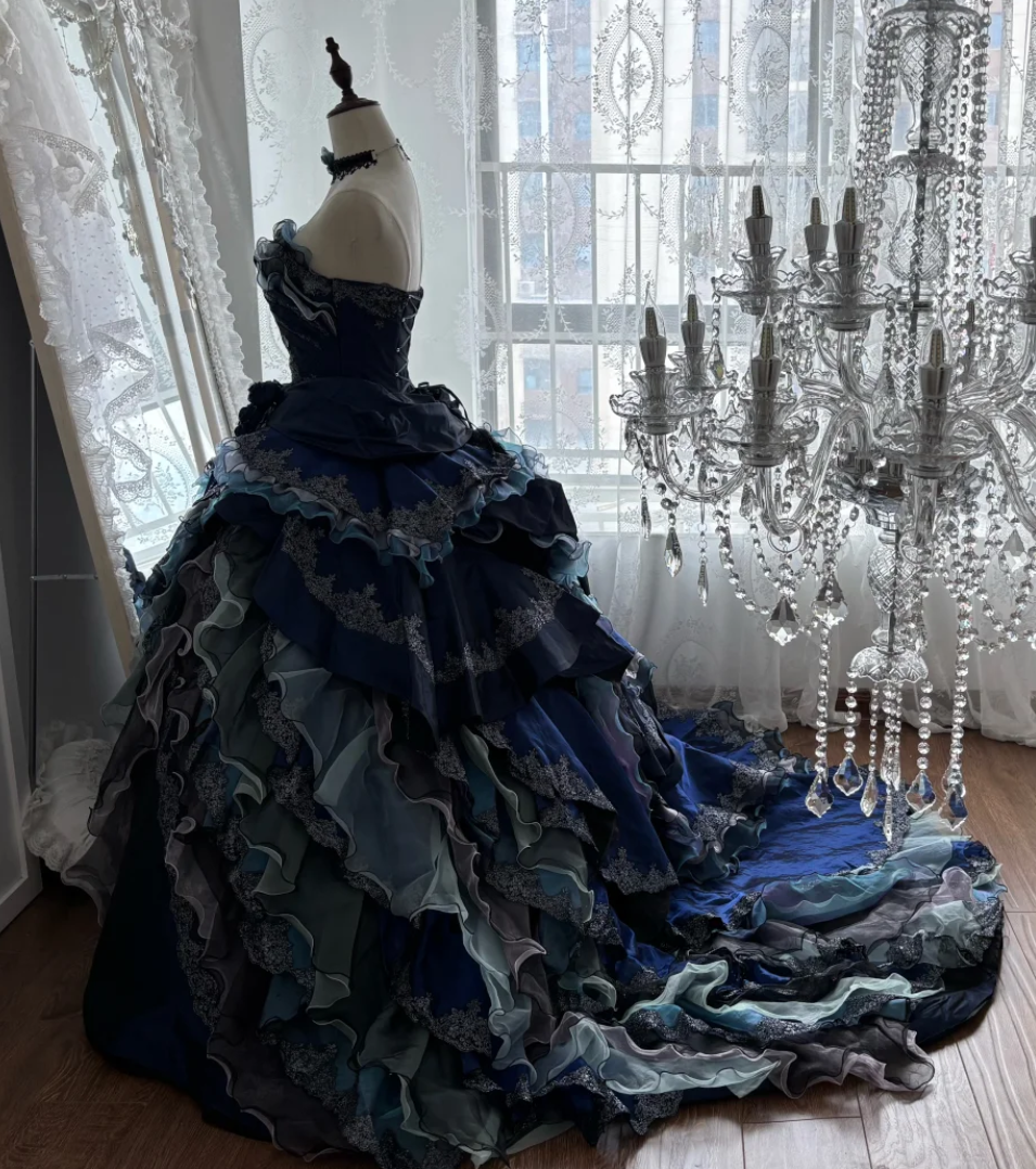 Gorgeous Strapless Blue Prom Dress Appliques Ruffles Tiered A-Line Evening Dress GG7654