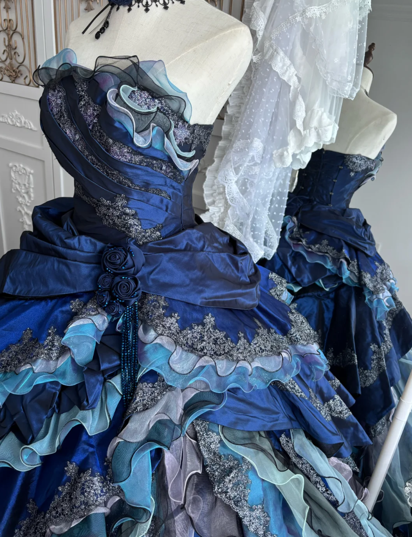 Gorgeous Strapless Blue Prom Dress Appliques Ruffles Tiered A-Line Evening Dress GG7654