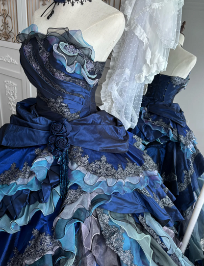 Gorgeous Strapless Blue Prom Dress Appliques Ruffles Tiered A-Line Evening Dress GG7654