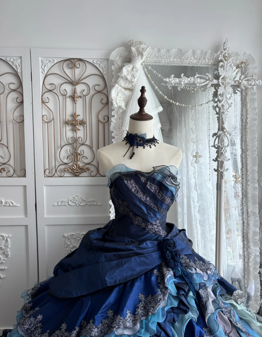 Gorgeous Strapless Blue Prom Dress Appliques Ruffles Tiered A-Line Evening Dress GG7654