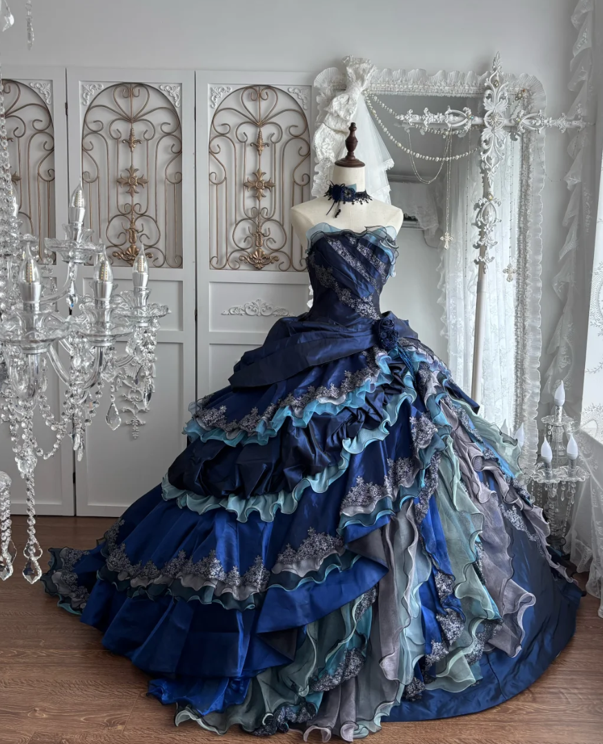 Gorgeous Strapless Blue Prom Dress Appliques Ruffles Tiered A-Line Evening Dress GG7654