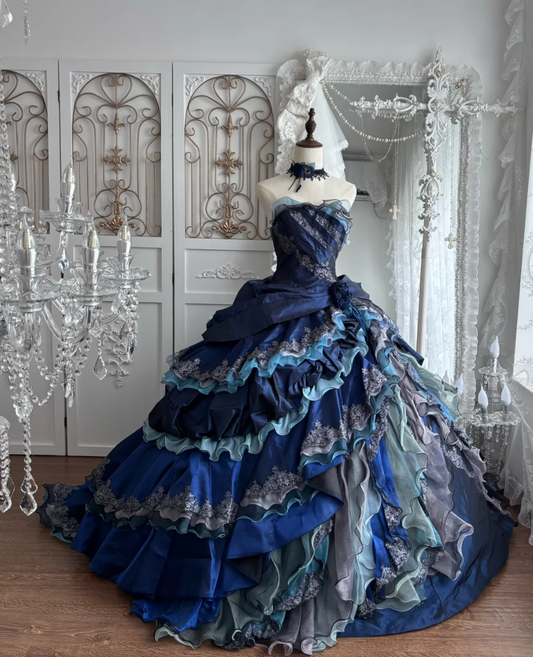 Gorgeous Strapless Blue Prom Dress Appliques Ruffles Tiered A-Line Evening Dress GG7654