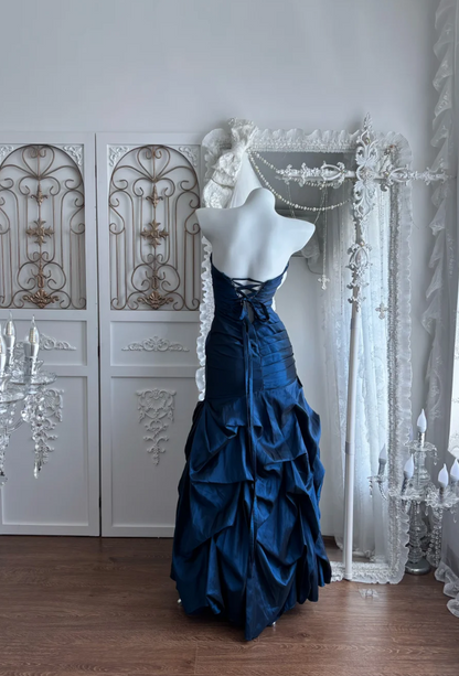Chic Strapless Blue Prom Dress Crystals Ruched A-Line Evening Dress GG7655